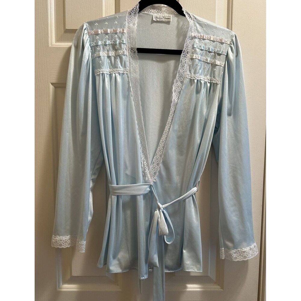 💖 Vintage SEARS ROEBUCK Sz M 12/14 Lt Blue Pajama Top With Tie Lace Trim USA